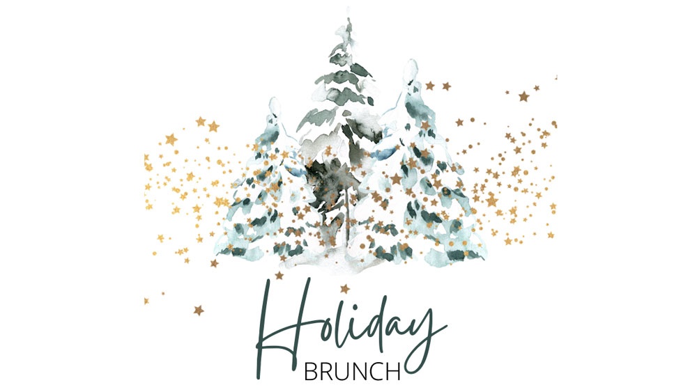Holiday brunch banner with three snow covered pine trees