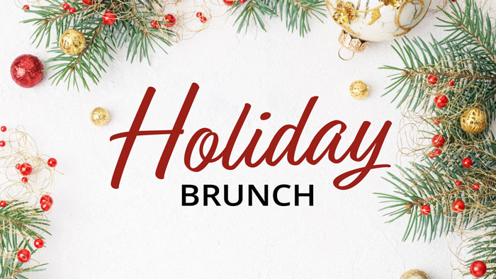 Holiday brunch banner with three snow covered pine trees