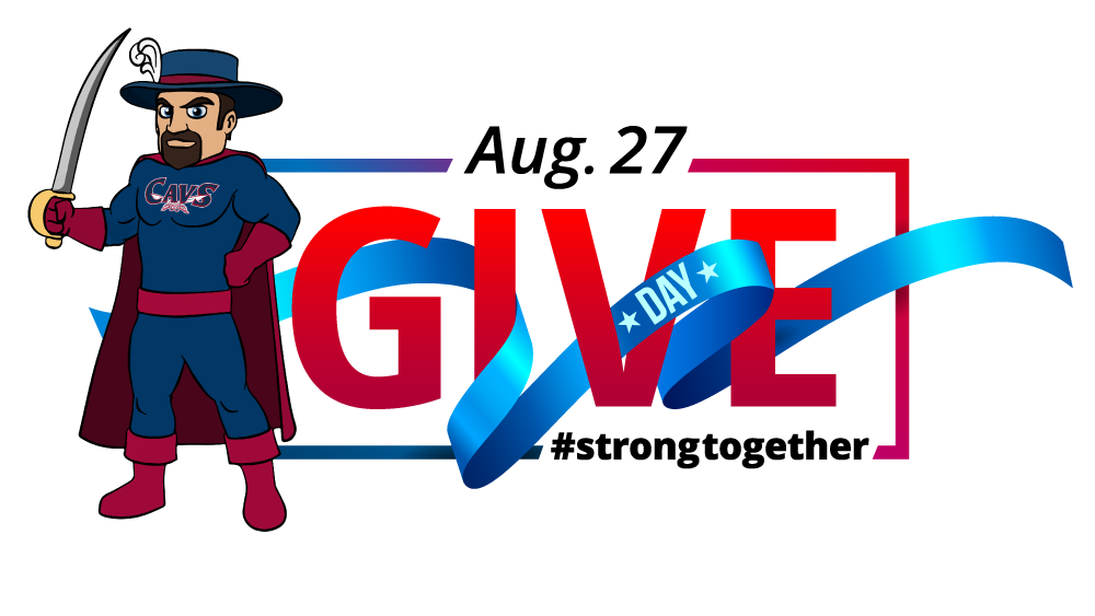 Banner with the KCC cavalier mascot and stylized text that reads 'Aug. 27, GIVE DAY #strongtogether'